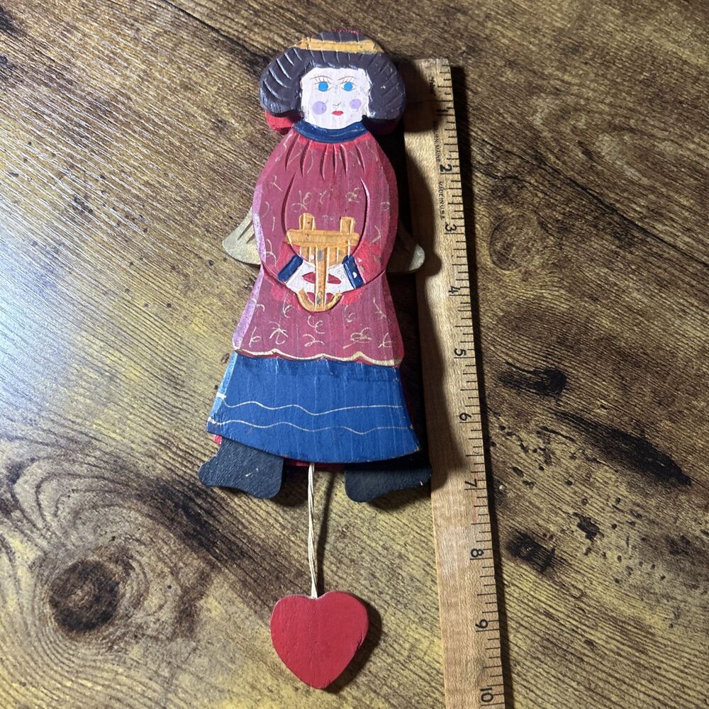 Angel Wooden Christmas Vintage Ornament W/ Harp Heart String Wings Brown Hair - Picture 8 of 10